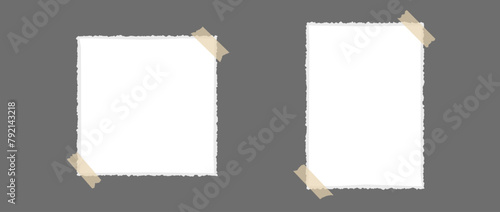 Ripped paper glued on adhesive tape. Jagged templates for mockup, poster design, banner, flyer, brochure, mood board, photo album. Empty craft rectangle and square paper note pieces. Vector blank memo