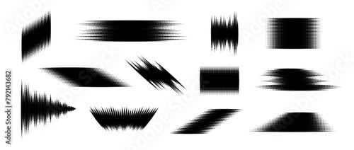 Halftone glitched element set. Dotted textured geometric form collection. Grunge abstract halftone shapes for background, banner, poster, collage, overlay, label, tag. Distressed distorted vector pack
