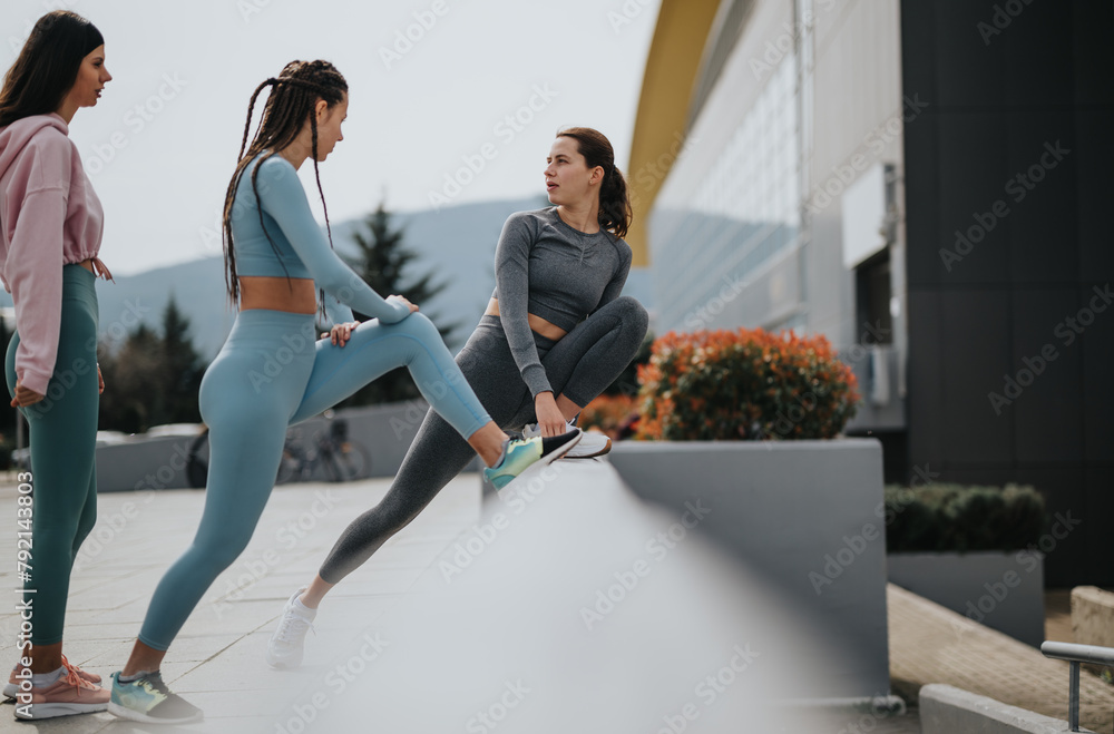 Three active friends in fitness attire engaging in a post-workout stretch and conversation outdoors.