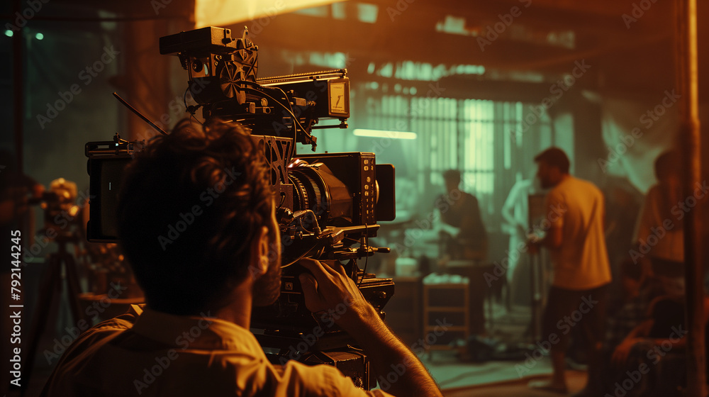 A male cinematographer prepares a shot behind the movie camera on a film set.