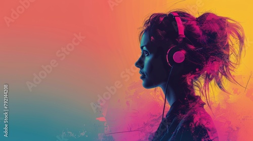 Woman Wearing Headset Against Colorful Background