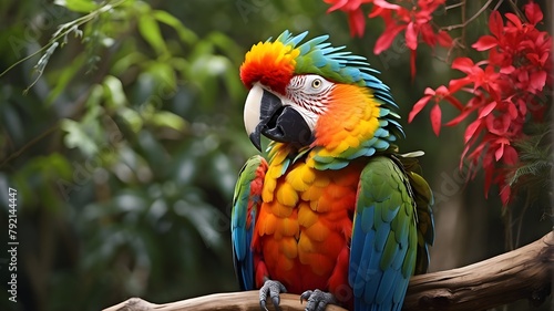 A macaw in the vivid jungle has magnificent plumage that is a symphony of color and beauty.