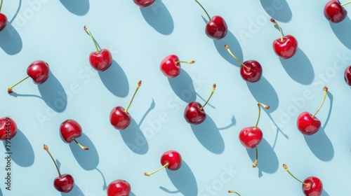 Group of Cherries on Blue Surface
