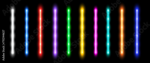 Glowing neon tube lamp set. Led light line beam collection. Bright luminous fluorescent diode bar stick lines. Shining colorful strip element pack to divide, separate, decorate. Vector bundle