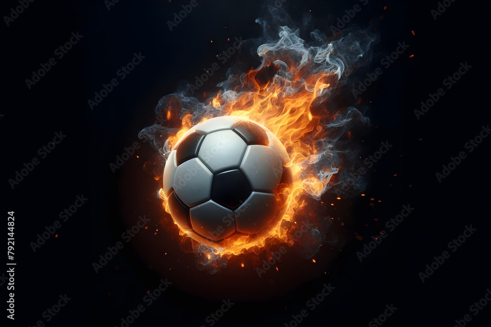 Naklejka premium a close up of a soccer ball on fire with a black background