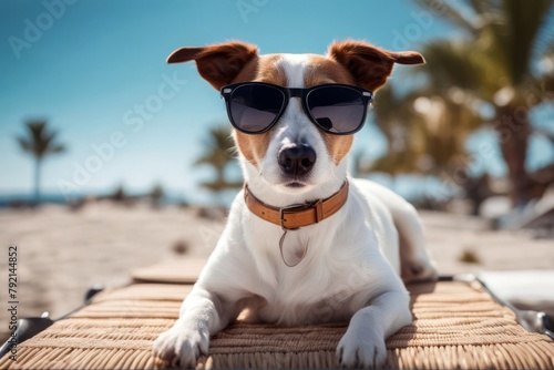 'dog generative ai concepts jack sunbathing russell summer lounger vacation sun terrier sunglasses tanning holiday relax funny cute sunny beach humor puppy lazy hot tropical glasses chair doggy heat'