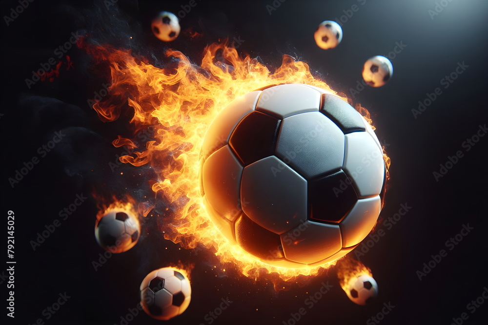 Naklejka premium a close up of a soccer ball on fire with a black background