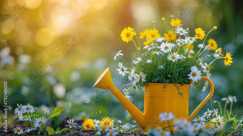 Yellow Watering Can Filled With Yellow Flowers