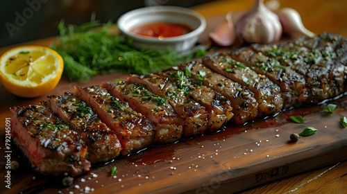 Chef's Skill: Sliced and Seasoned Steak on Wooden Cutting Board