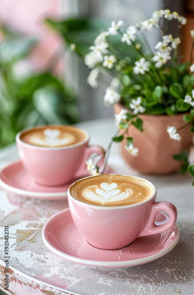 Two Cups of Cappuccino Next to Potted Plant Two Cups of Cappuccino Next to Potted Plant