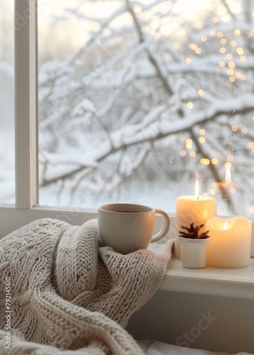 Coffee Cup and Lit Candle on Window Sill