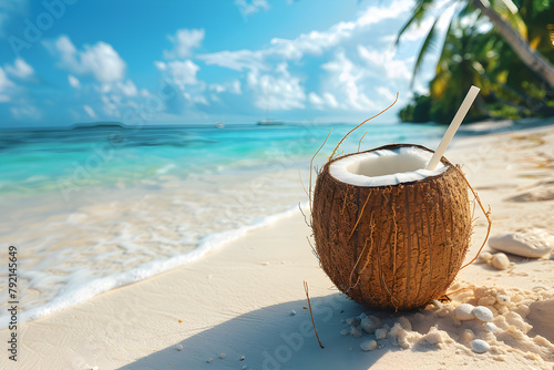 Coconut drink on a beautiful ocean beach, a perfect refreshment for a tropical vacation. photo