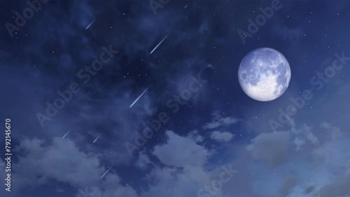 Dreamlike starry night sky with fantastic big full moon and falling stars meteoric shower among fluffy clouds. Magic nighttime natural background 3D animation rendered in 4K