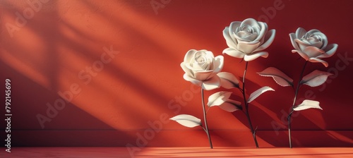 Three White Roses on Red Wall