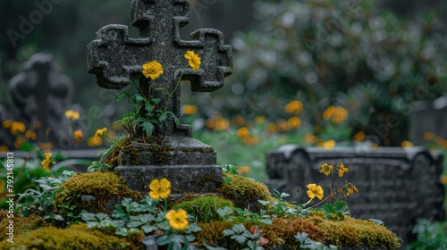 Mossy Cemetery With Yellow Flowers