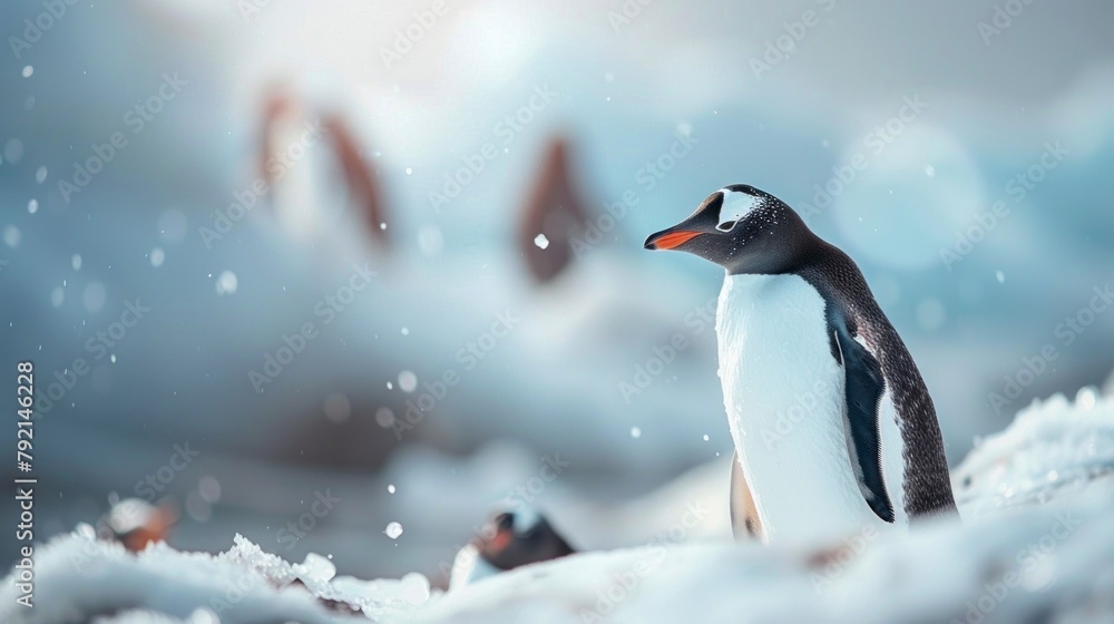 Obraz premium PORTRAIT of a beautiful penguin in the snow in its habitat with blurred background in high resolution and high quality. CONCEPT ANIMALS,ANTARCTIC