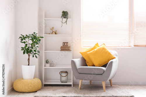 Interior of stylish living room with armchair, window, houseplant and shelving unit
