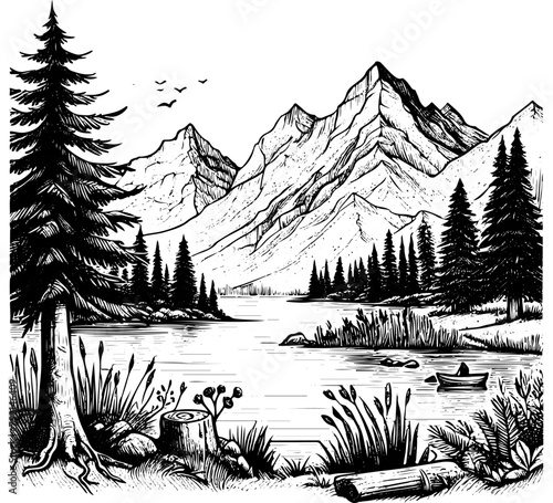 Hand drawn vector nature illustration with mountains, lake and trees