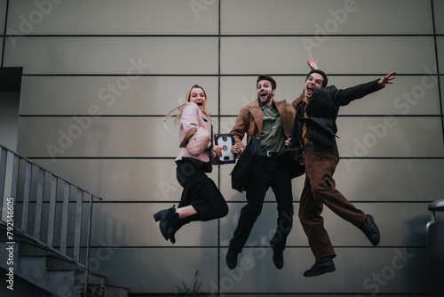 Three young business associates celebrate success with a joyful jump outside a modern office, showcasing teamwork and happiness.