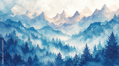 Experience the breathtaking beauty of a hand drawn watercolor landscape capturing the picturesque scenery of snowy mountains nestled within a forest setting This scenic camping painting per