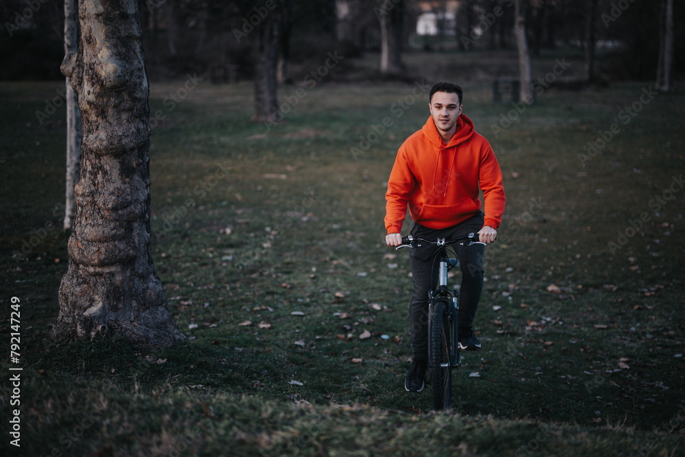 Obraz premium A young adult male cycles through a city park, exemplifying a fit and active lifestyle amidst an urban setting.