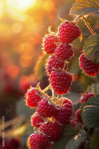 Raspberries Growing on a Tree With Sun Background
