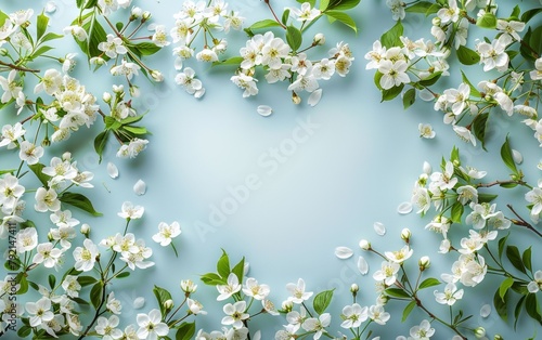 White Flowers and Green Leaves on Blue Background