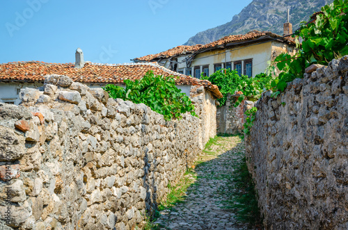 Beautiful old village near Kruja castle with traditional Albanian houses in Kruja, Albania