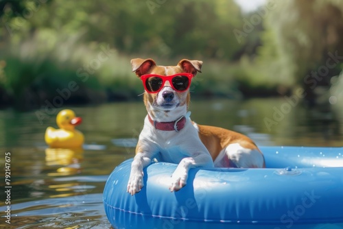 Dog With Sunglasses on Raft With Rubber Duck