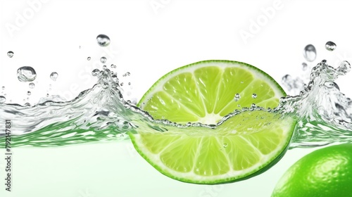 Fresh slice of lime in water splash isolated on white background.