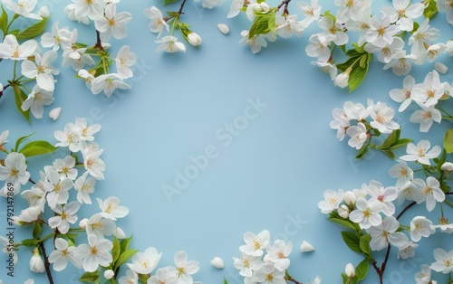 Blue Background With White Flowers and Leaves