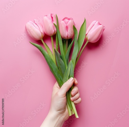Hand Holding Pink Tulips on Pink Background