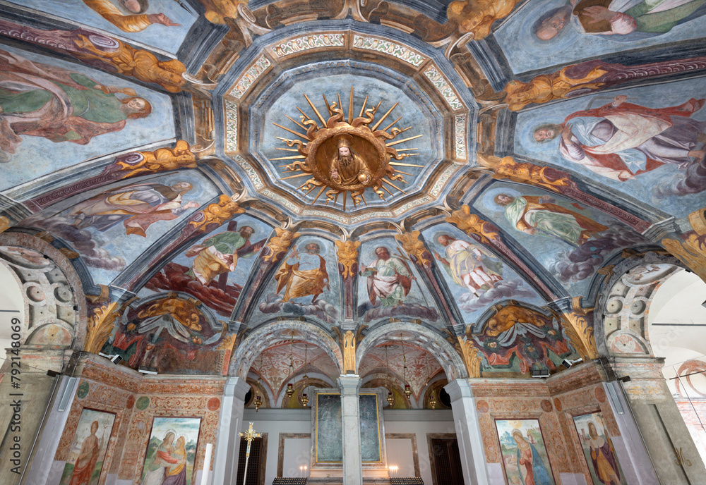 MILAN, ITALY - MARCH 4, 2024: The ceiling frescoes in the chapel of church Chiesa di Santa Maria alla Fontana by unknown artist of 16. cent.