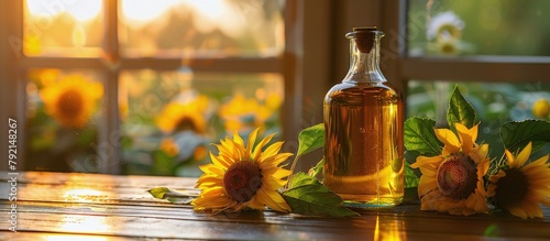 Bottle of Sunflower Oil on Table