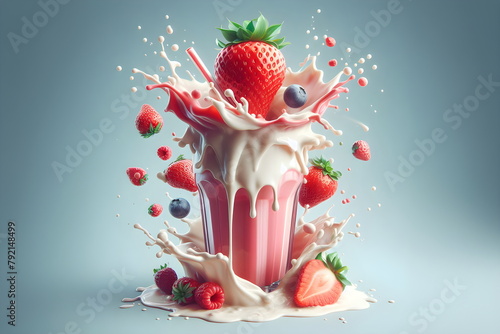 smoothies with strawberry and milk splashing on it and a strawberry on the side, berries dripping juice