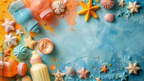 Blue and Yellow Background With Starfish, Shells, and Other Items