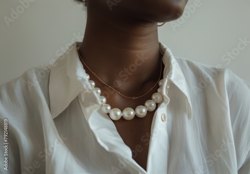 Woman Wearing White Shirt and Pearl Necklace