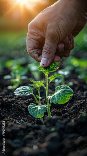 Hand Reaching for Plant in Dirt