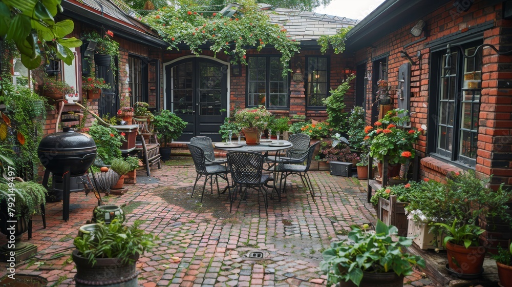 Patio With Couches and Tables in Front of a House