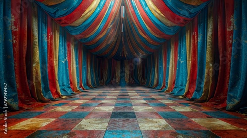 Spacious Room With Checkered Floor and Colorful Curtains