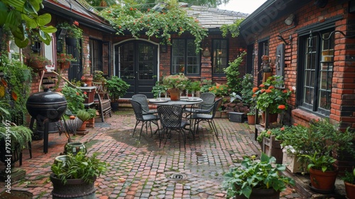 Patio With Couches and Tables in Front of a House