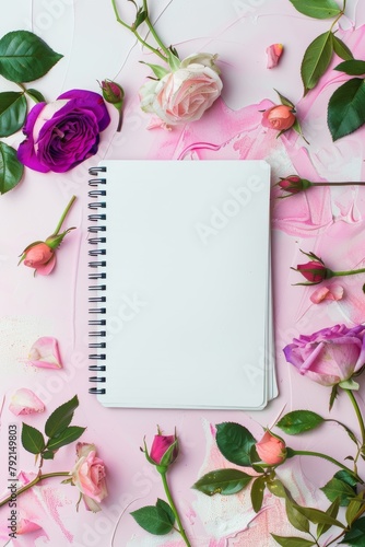 Spiral Notebook Surrounded by Flowers on Pink Background