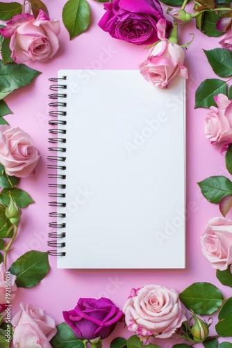 Spiral Notebook Surrounded by Pink Roses on Pink Background