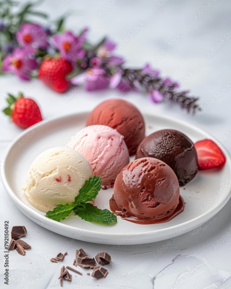Chocolate and Vanilla Ice Cream Delight with Fresh Strawberry. Generative AI. Chocolate and Vanilla Ice Cream Delight with Fresh Strawberry. Generative AI.