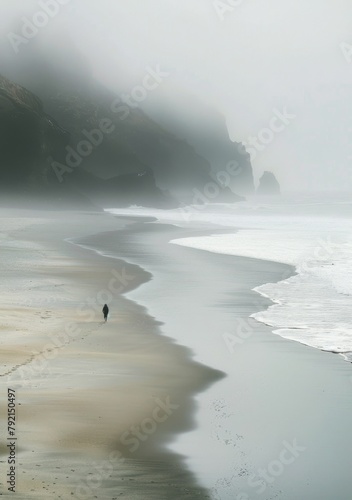 Person Walking on Beach in Fog