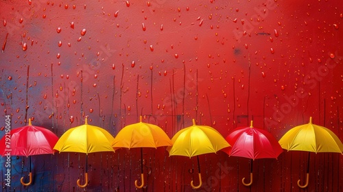 Row of Colorful Umbrellas Hanging on Red Wall