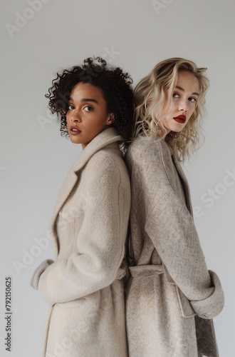 Two Women Standing Next to Each Other Wearing Coats