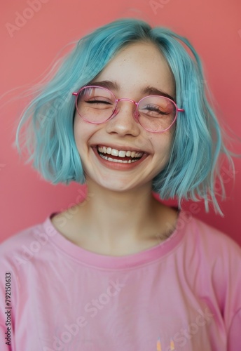 Woman With Blue Hair Wearing Pink Sunglasses