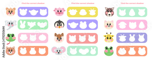 Find the correct shadow of funny kawaii characters mouse, giraffe, bear, elephant, frog, cat, kitten, pig, fox, snake, wolf, penguin face animal