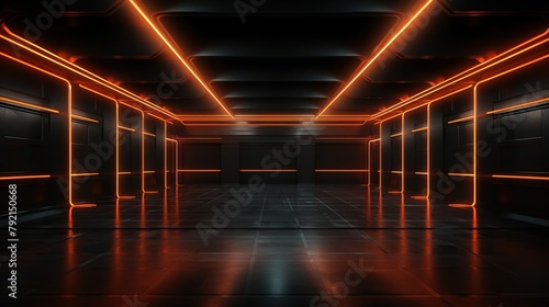 Dark room with orange glowing neon led lasers. Futuristic 3d studio Sci Fi background. © MINHO